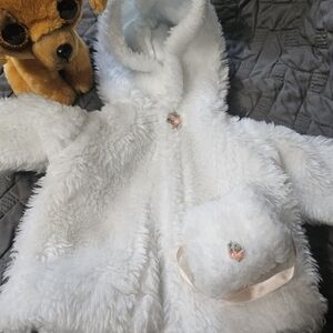 Vintage 1980s White Plush Doll Coat with Hood And Matching Hand Warmer